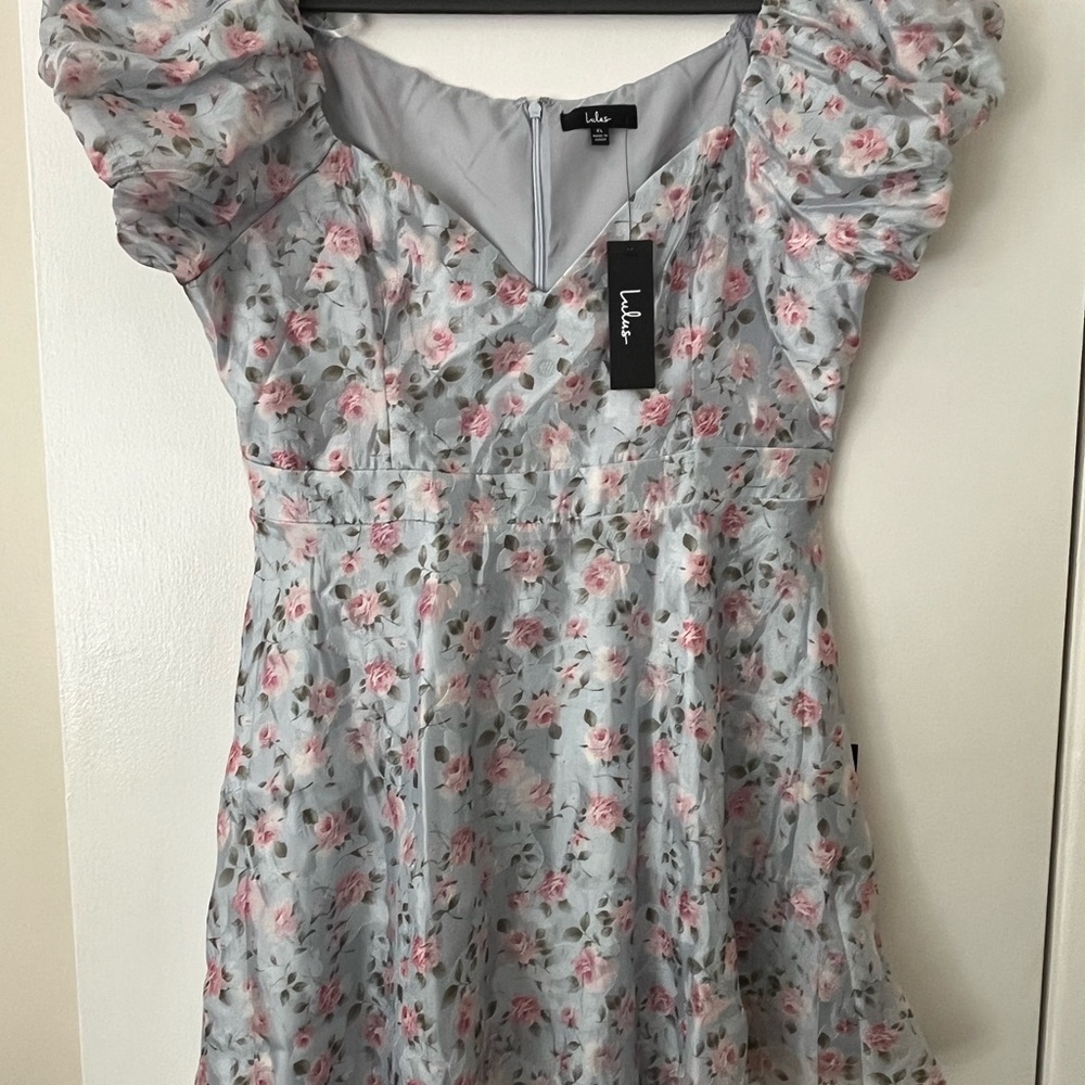 Lulus Blue Floral Puff Sleeve Dress